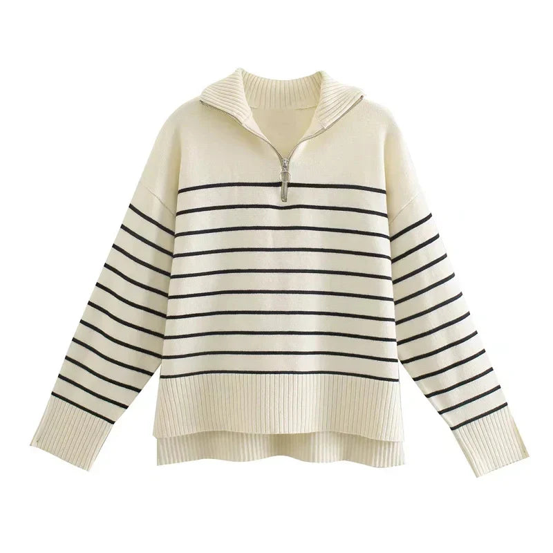 Eleganter Gestreifter Pullover Für Jedes Saison-Outfit-Sweaters-Cremeweiß-S-WUNDERLOOK
